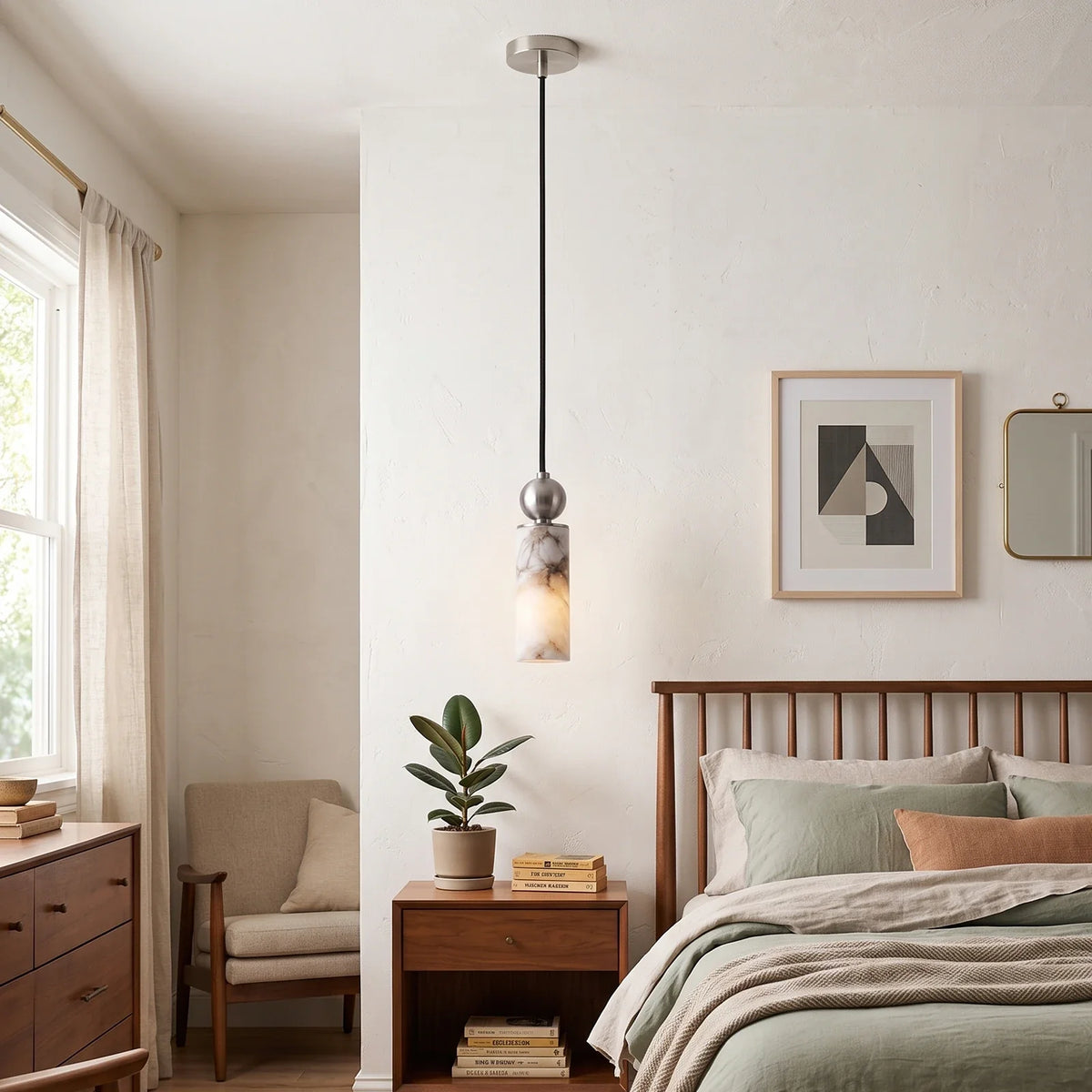 Lámpara colgante de alabastro Cerilda – como lámpara de mesilla en un dormitorio luminoso