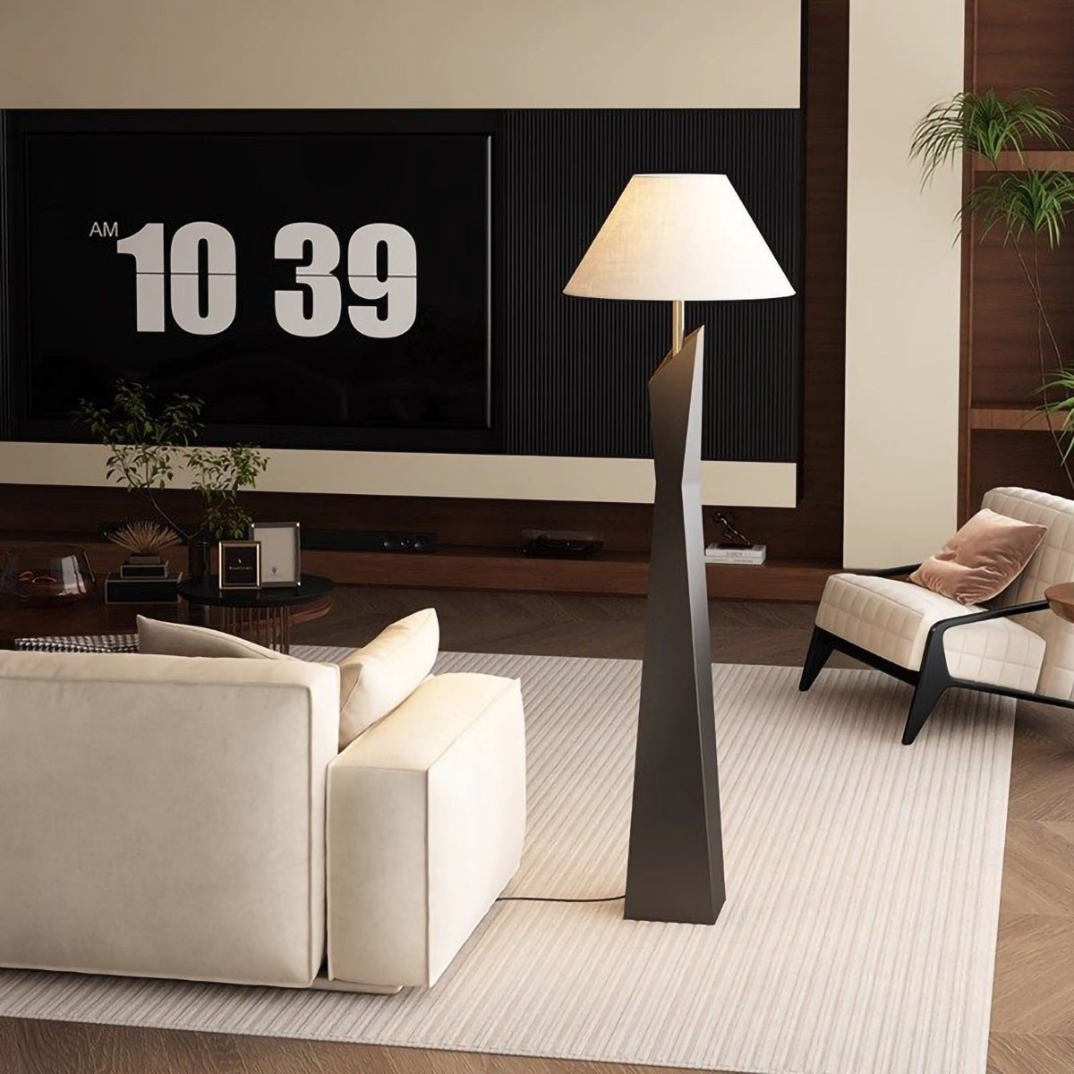 Lámpara de pie escultórica Solmera – en negro en un salón moderno