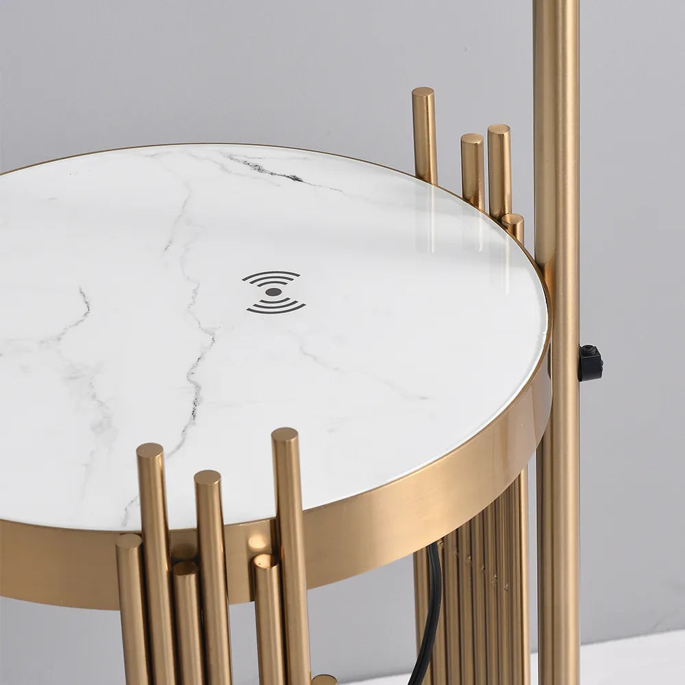 Lámpara de pie arco dorada Solmesa con mesa auxiliar – tablero blanco de la mesa auxiliar