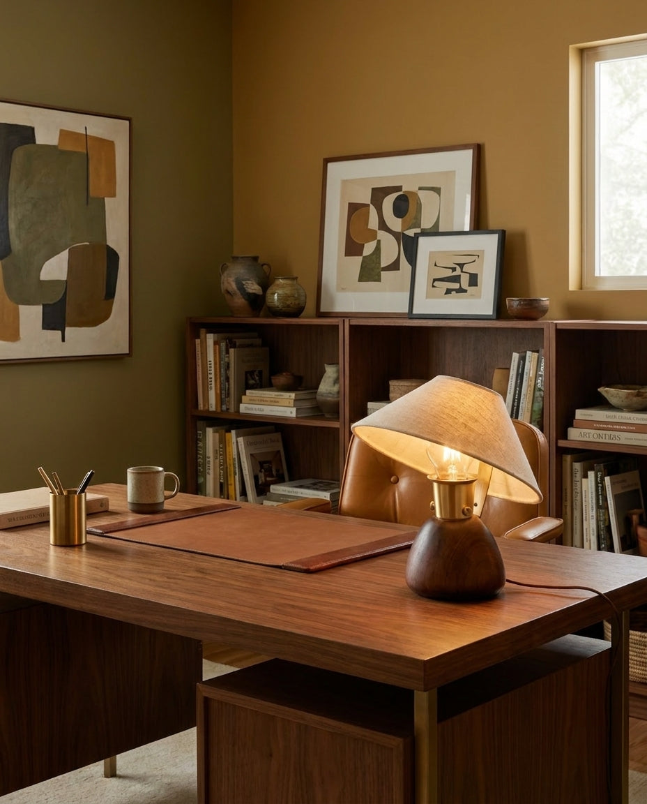 Lámpara de mesa seta de madera Sombrino – sobre un escritorio de madera