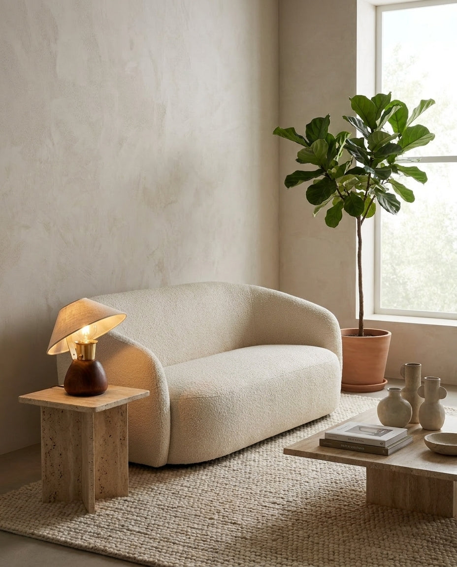 Lámpara de mesa seta de madera Sombrino – en un salón luminoso