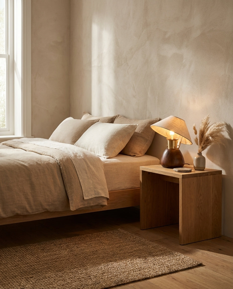 Lámpara de mesa seta de madera Sombrino en un dormitorio cálido – imagen 10