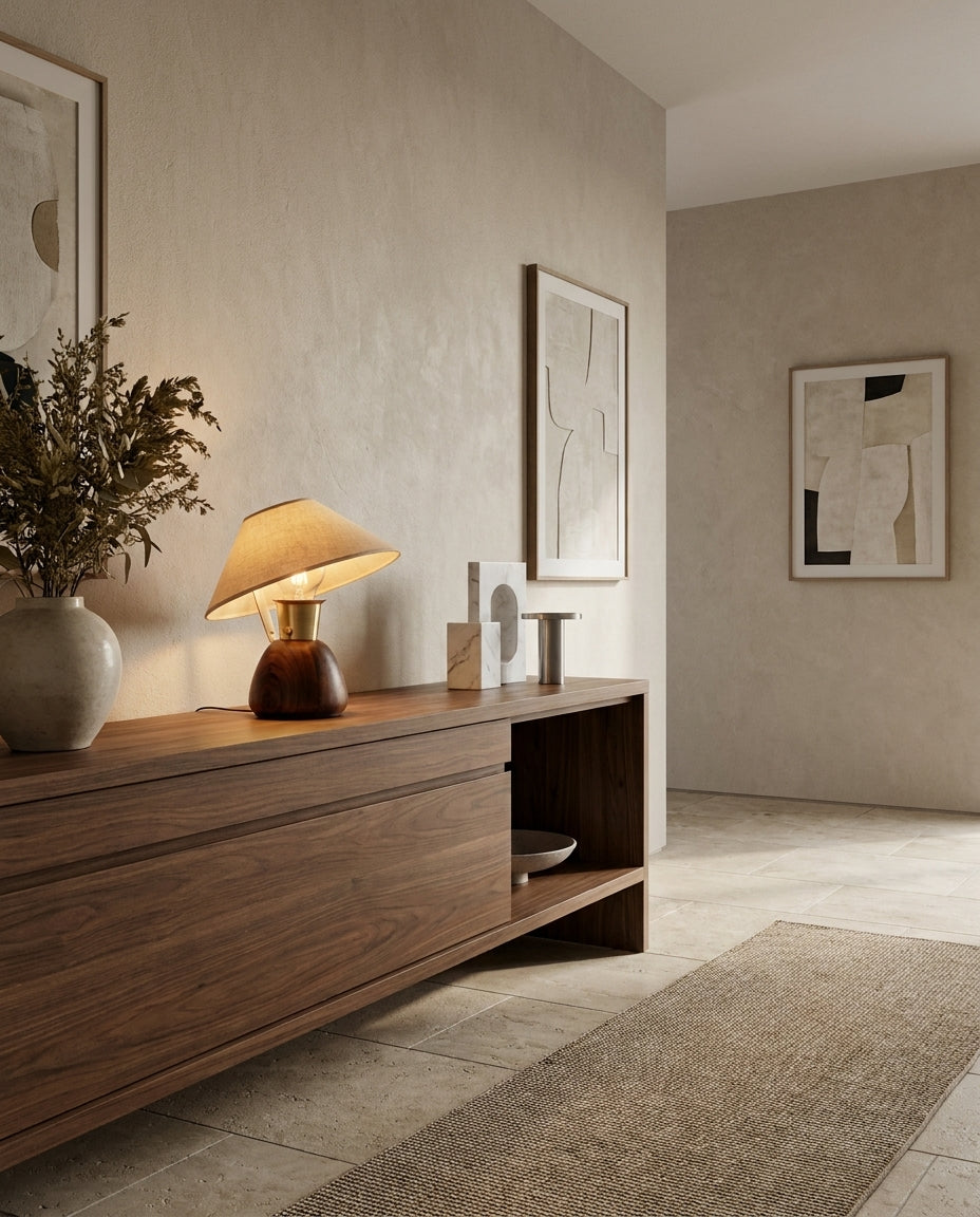 Lámpara de mesa seta de madera Sombrino en un dormitorio cálido – imagen 13