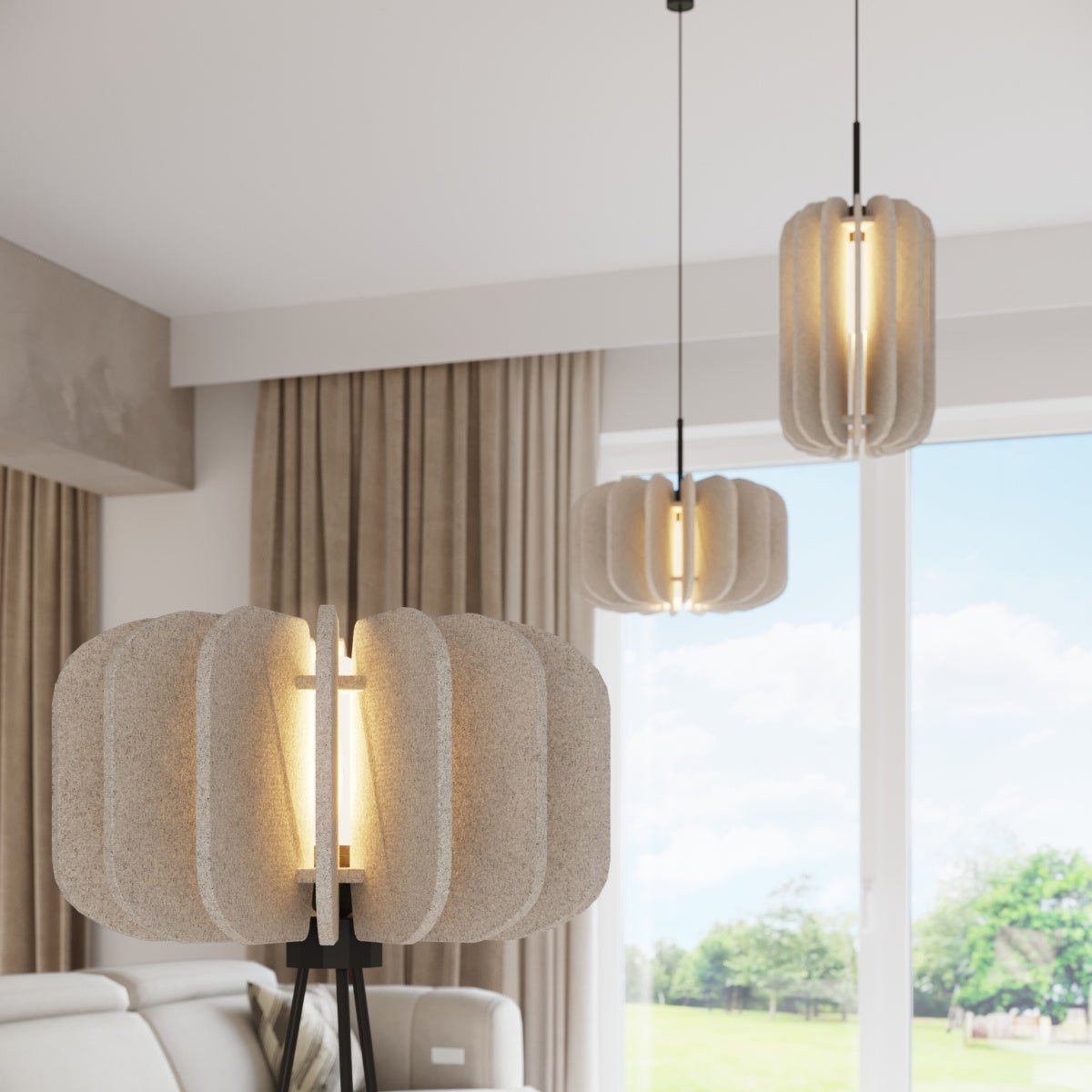 Lámpara de pie Yumara con pantalla de fieltro – en beige en un salón luminoso