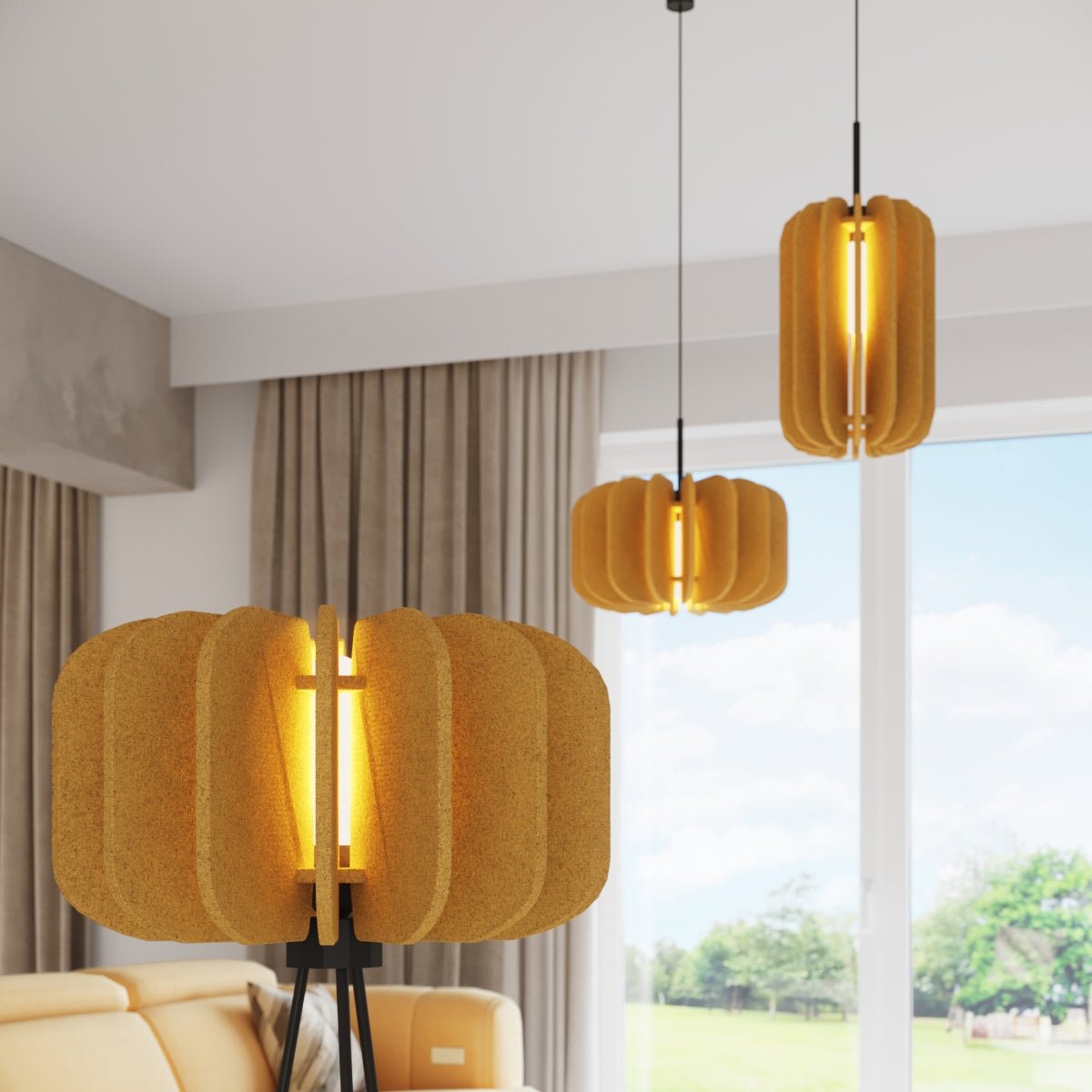 Lámpara de pie Yumara con pantalla de fieltro – en amarillo en un salón luminoso