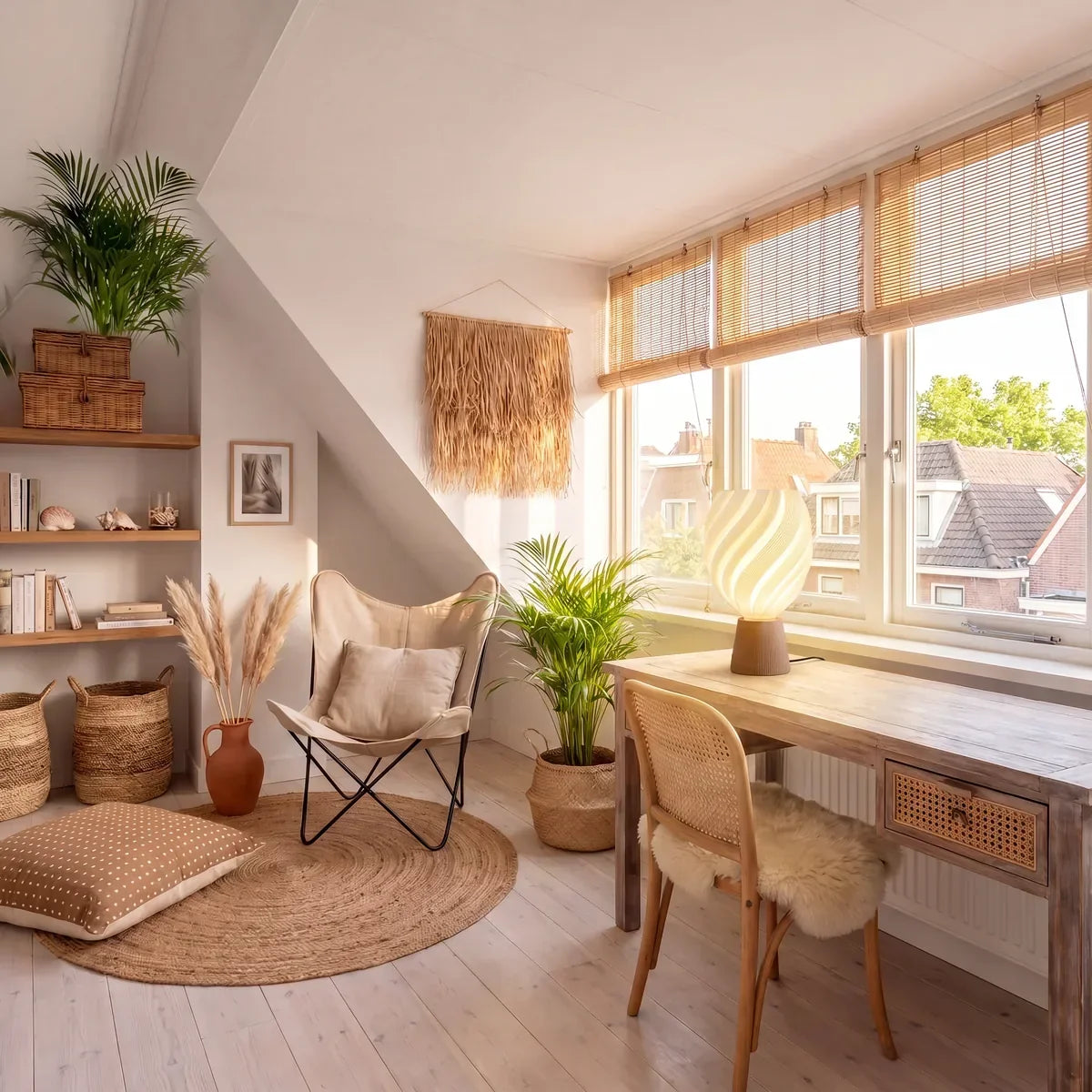 Lámpara de mesa orgánica Kurvela en un dormitorio sereno – imagen 4