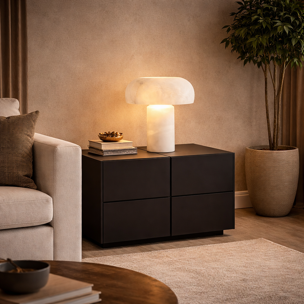 Lámpara de mesa de alabastro Talbena en un salón acogedor – imagen 3