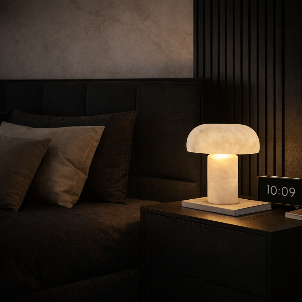 Lámpara de mesa de alabastro Talbena en un salón acogedor – imagen 5