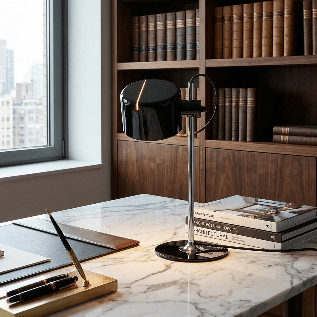 Lámpara de mesa retro de metal Tamboria – en negro sobre un escritorio de mármol