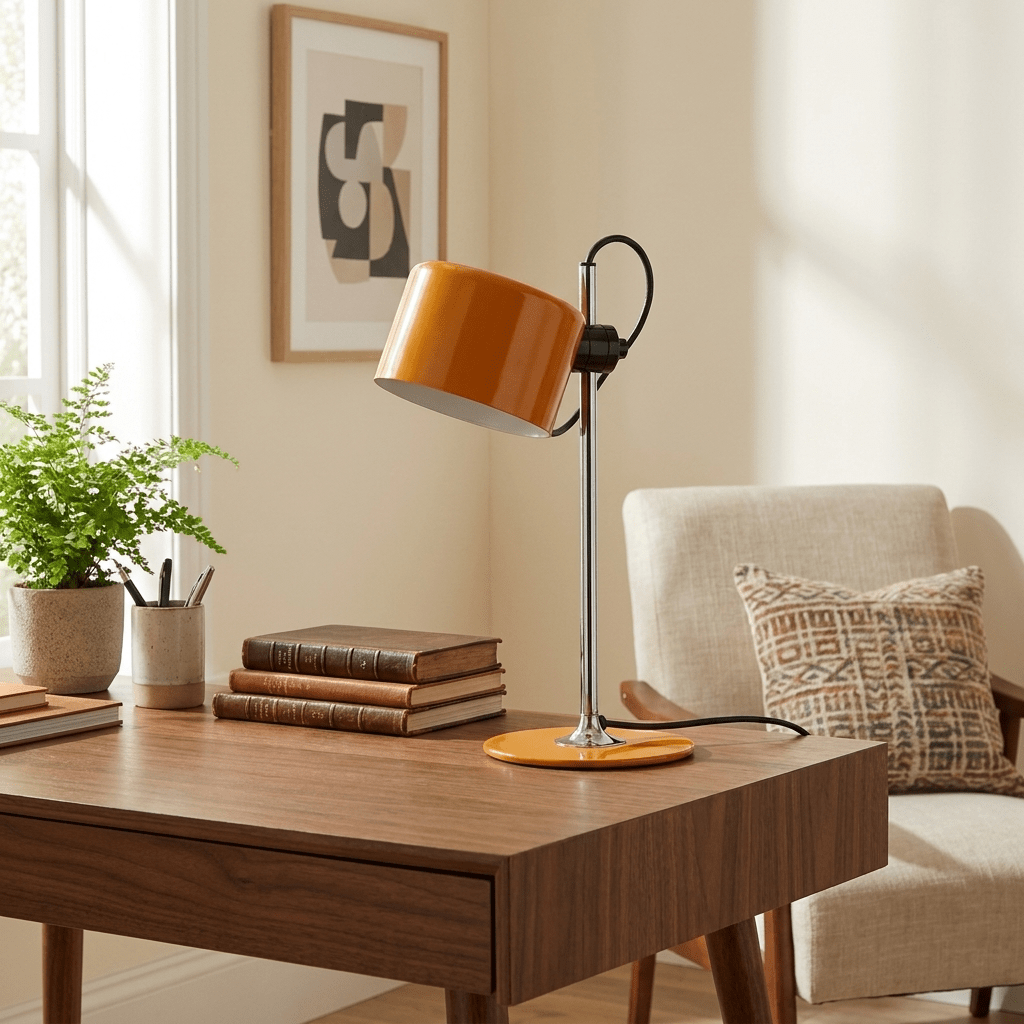 Lámpara de mesa retro de metal Tamboria – en naranja junto a un sillón