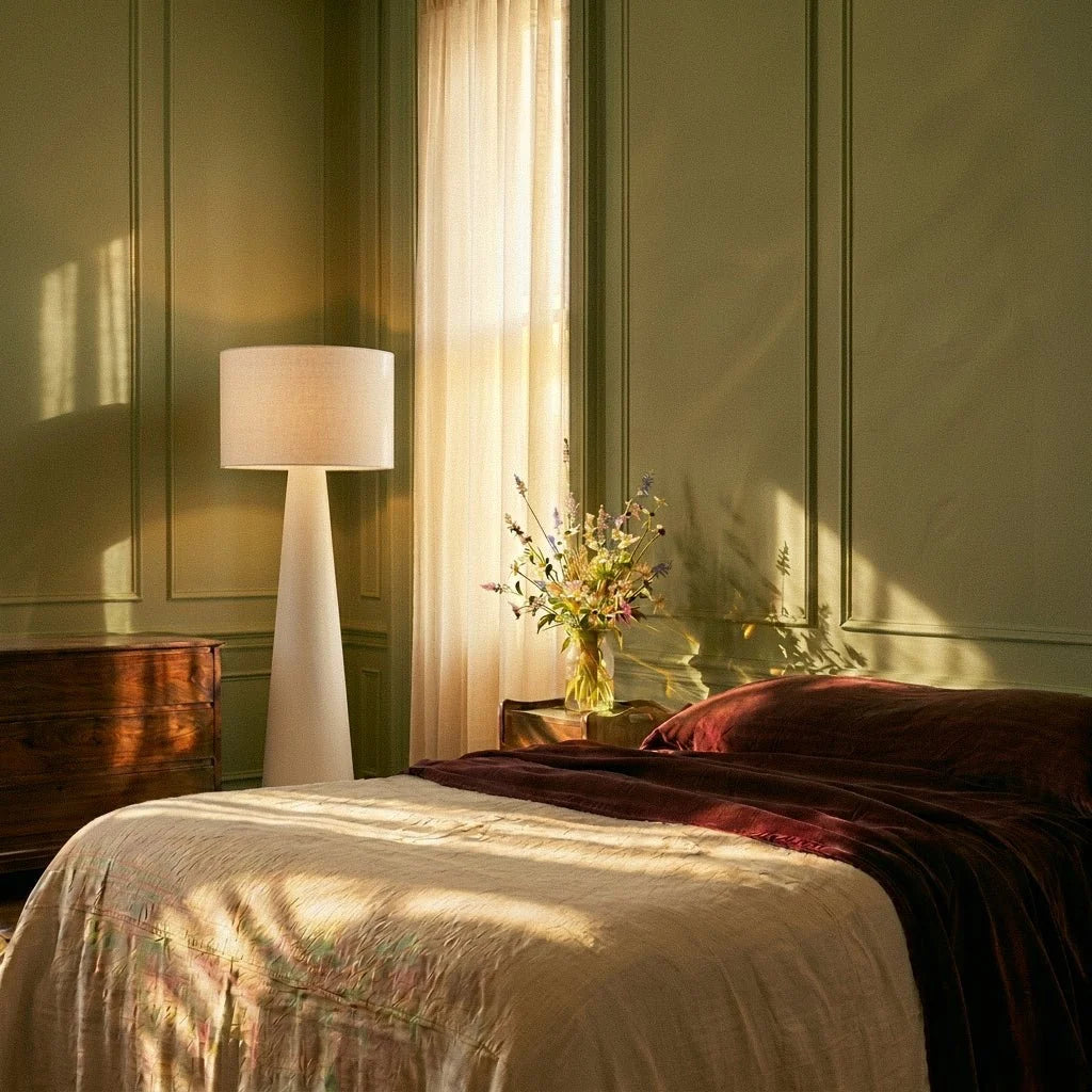Lámpara de pie de tela Tapisa – en un dormitorio