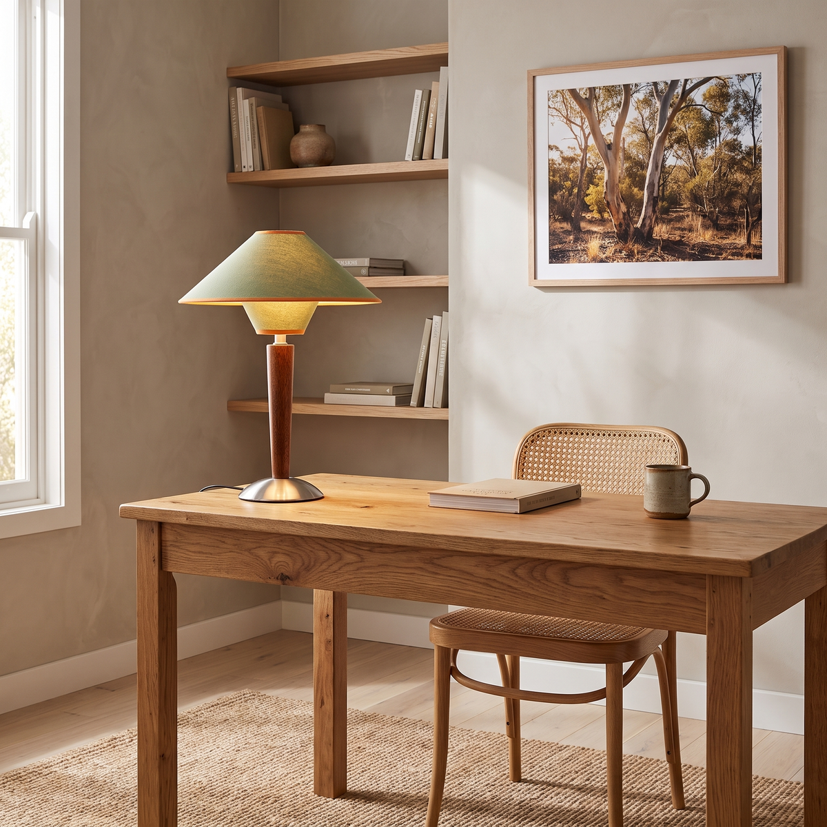 Lámpara de mesa de madera con pantalla de tela Tejala – pantalla verde