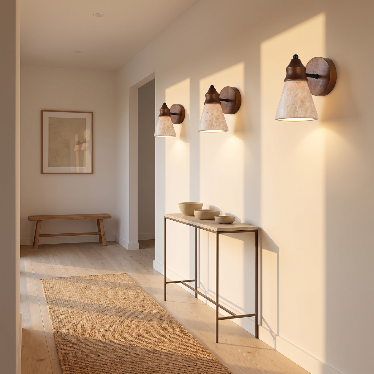 Aplique de pared de travertino y madera Ocreta – en fila a lo largo de un pasillo