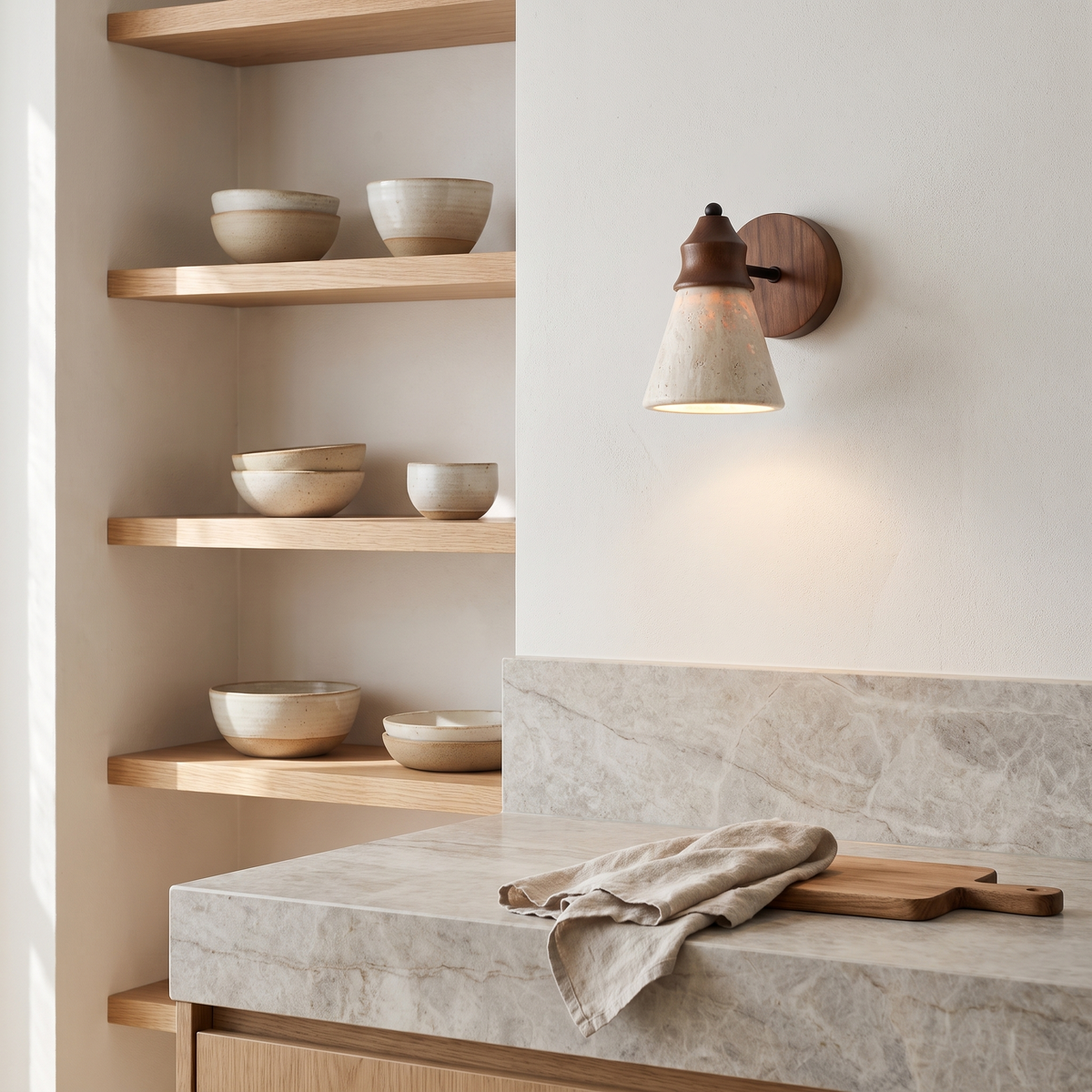 Aplique de pared de travertino y madera Ocreta – sobre las baldas abiertas de una cocina