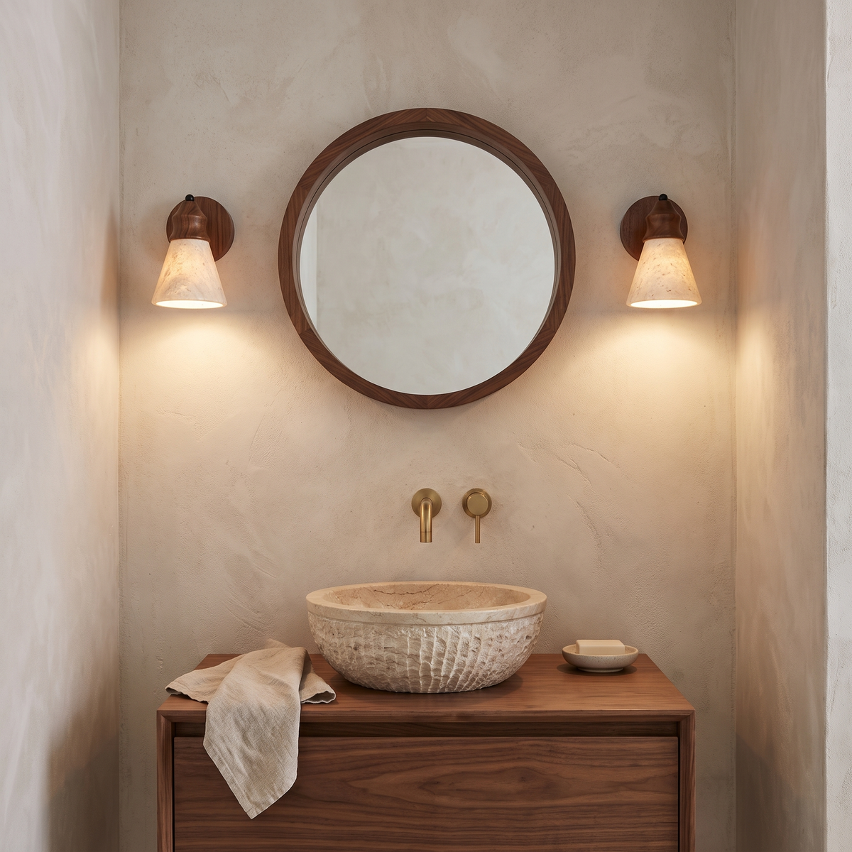 Aplique de pared de travertino y madera Ocreta – a ambos lados del espejo de un aseo