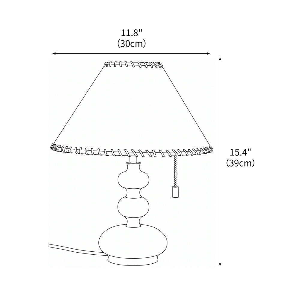 Lámpara de mesa de madera con esferas Ternuga – medidas con pantalla de tela blanca