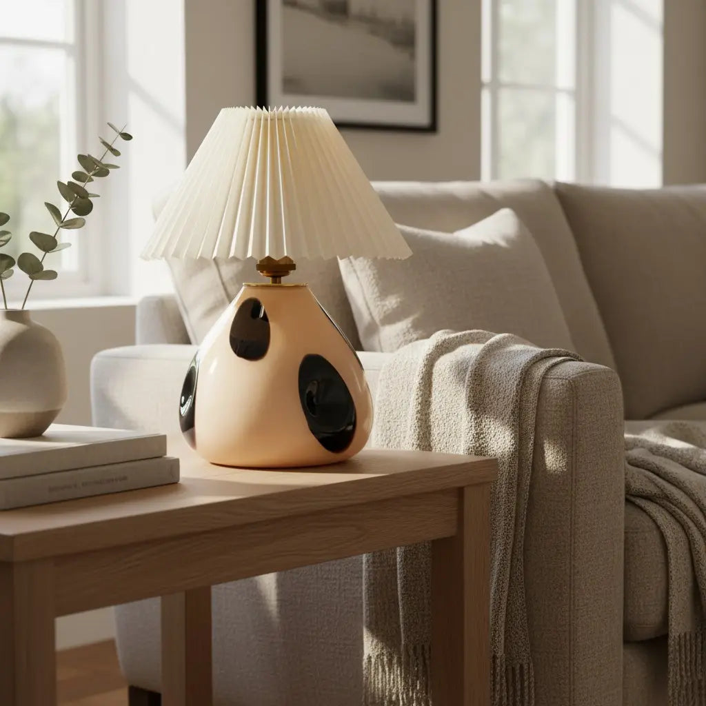 Lámpara de mesa de vidrio con pantalla plisada Tesira sobre una mesa de madera – imagen 3