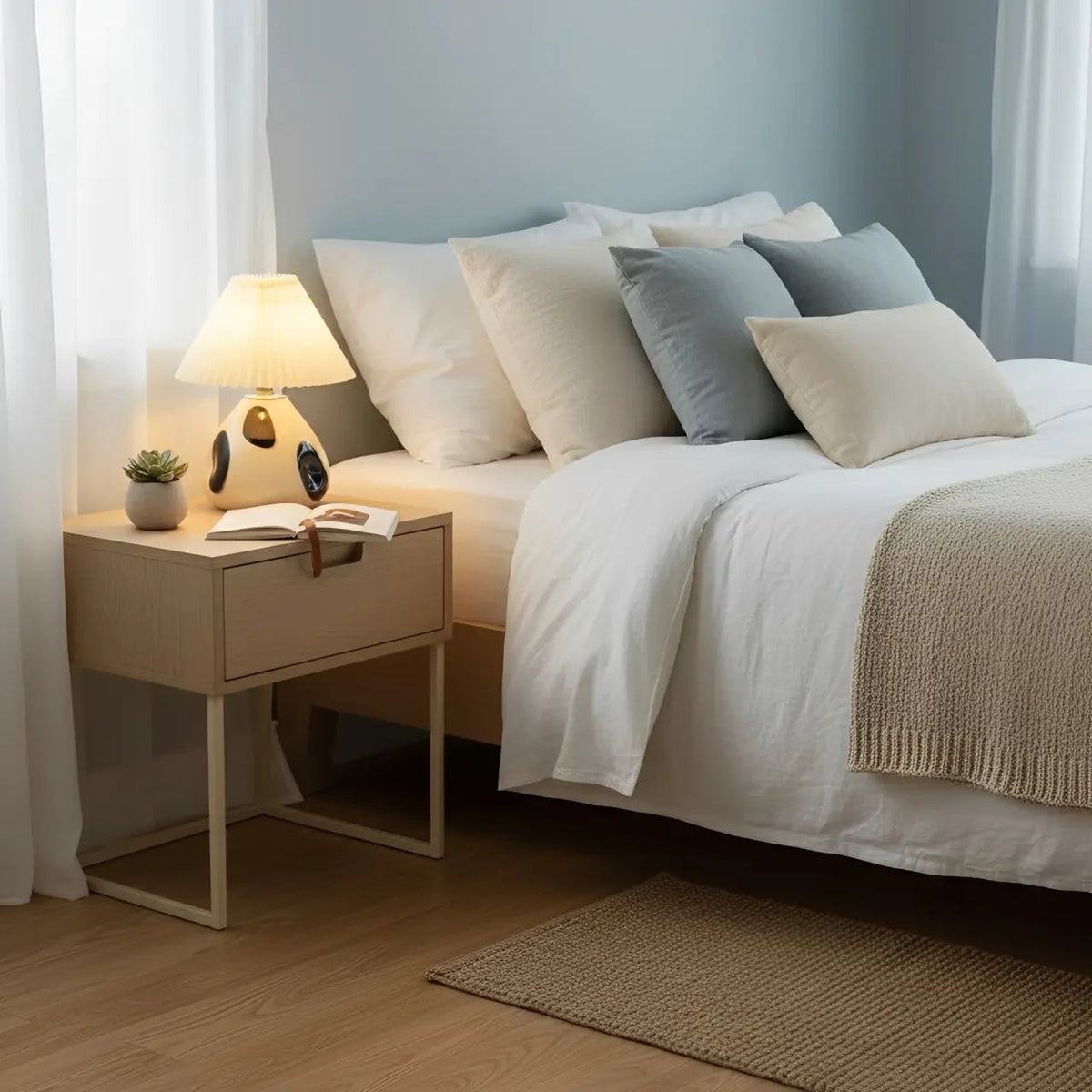 Lámpara de mesa de vidrio con pantalla plisada Tesira sobre una mesa de madera – imagen 5