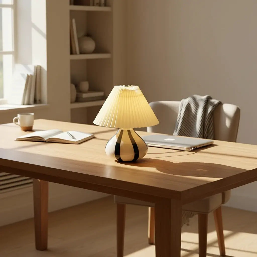 Lámpara de mesa de vidrio con pantalla plisada Tesira – encendida sobre una mesa de comedor de madera