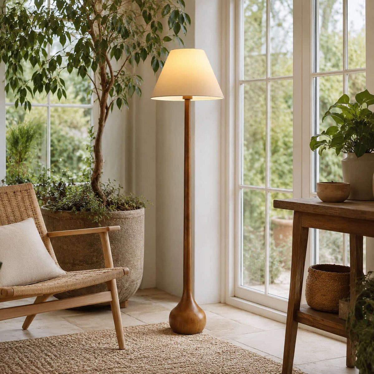 Lámpara de pie de madera torneada Tilmara en un salón acogedor – imagen 4