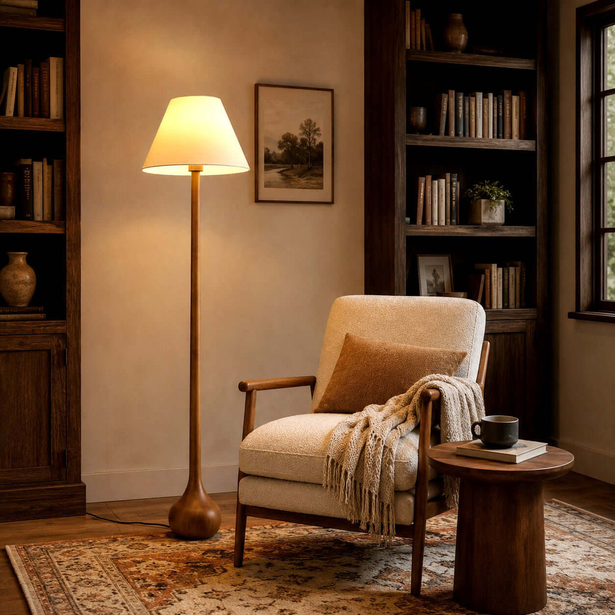 Lámpara de pie de madera torneada Tilmara en un salón acogedor – imagen 14