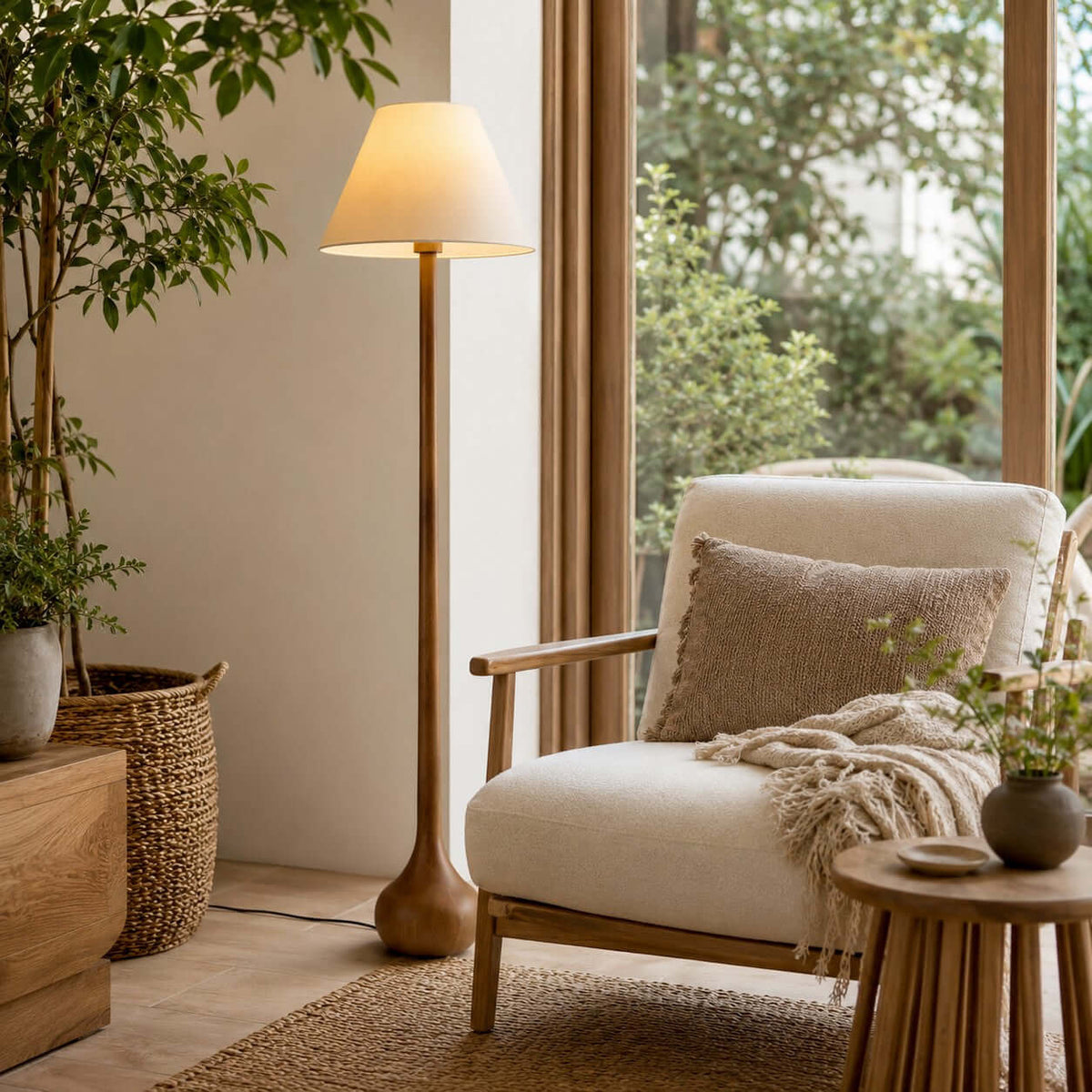 Lámpara de pie de madera torneada Tilmara en un salón acogedor – imagen 16