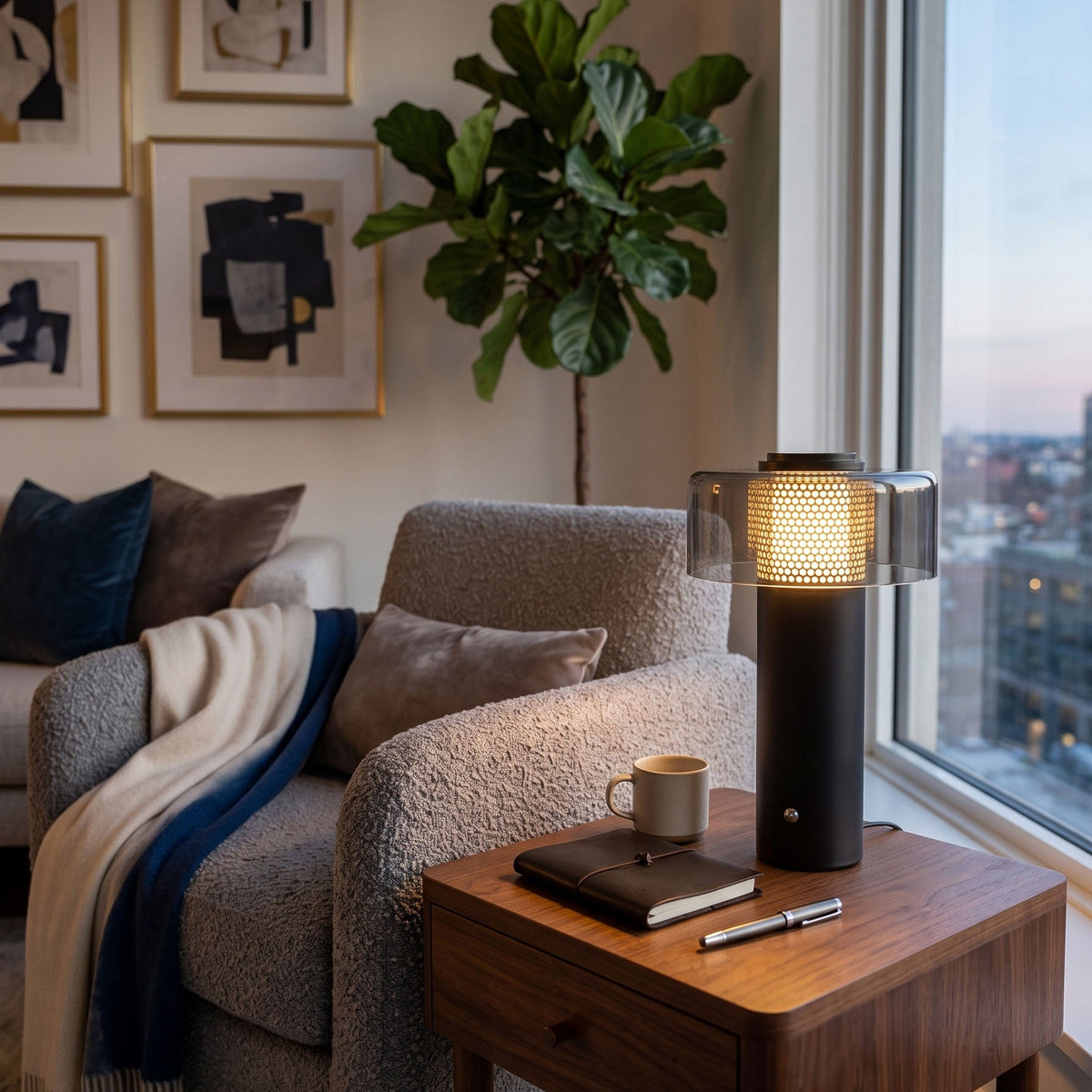 Lámpara de mesa inalámbrica Tolmelo – junto a un sillón y una ventana