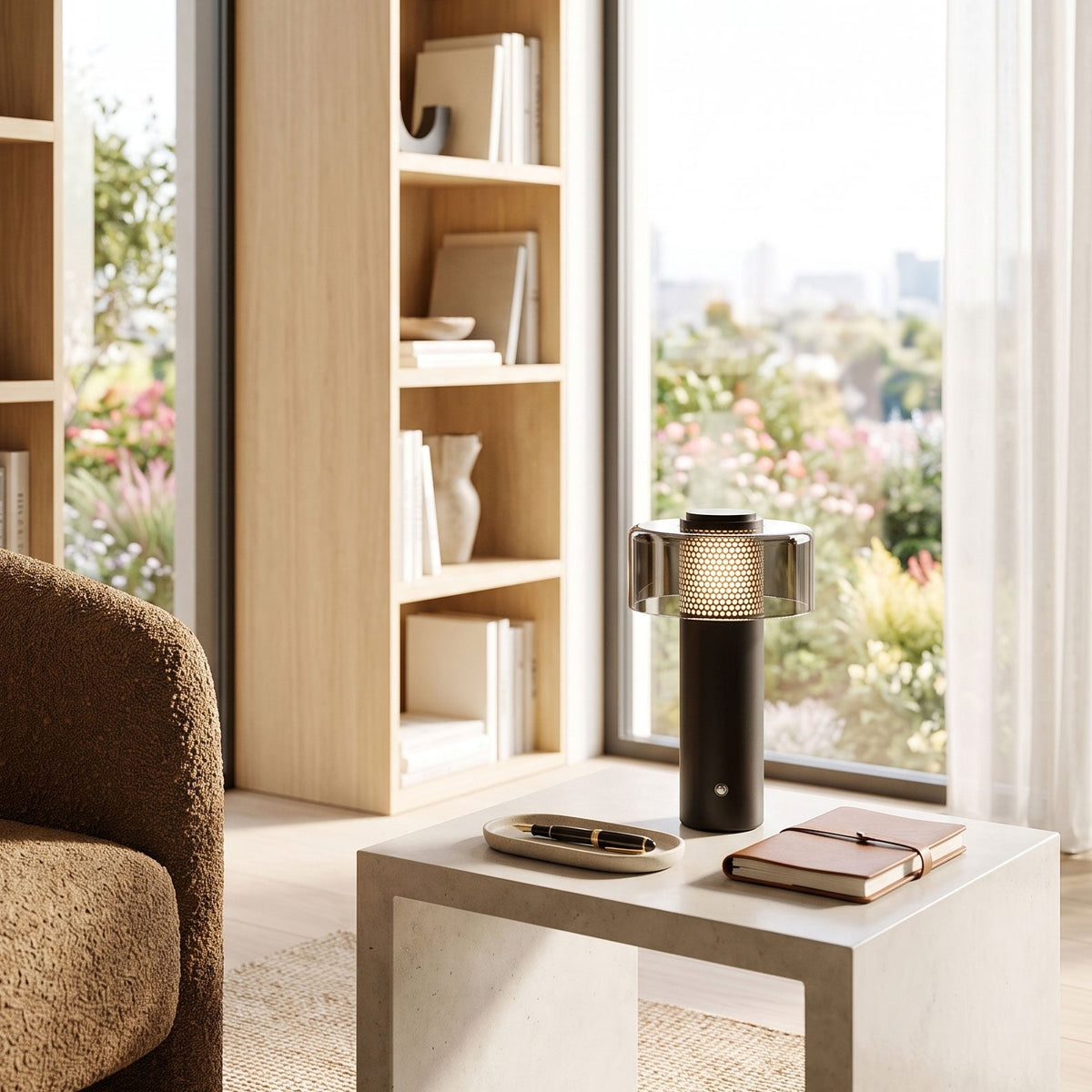 Lámpara de mesa inalámbrica Tolmelo – sobre una mesa baja en un salón luminoso