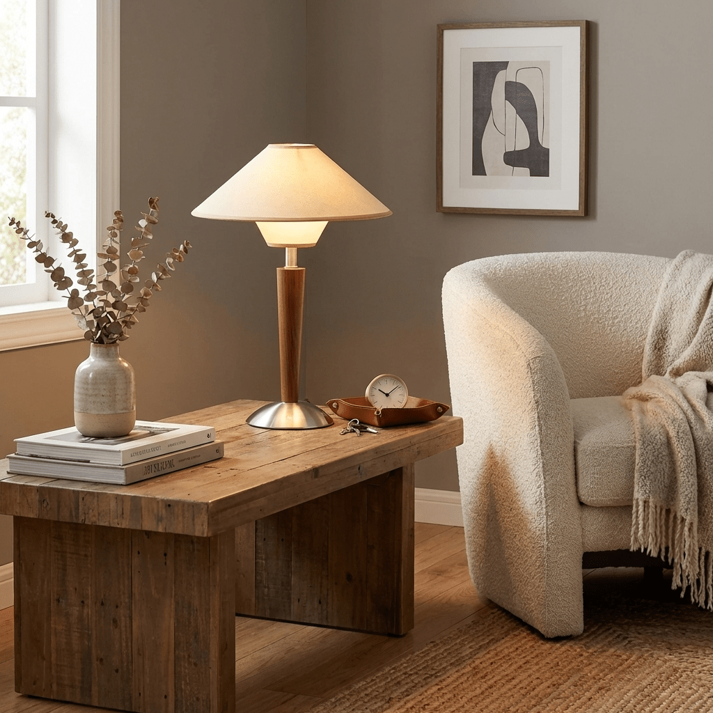 Lámpara de mesa de madera Tolmena en un salón acogedor – imagen 6