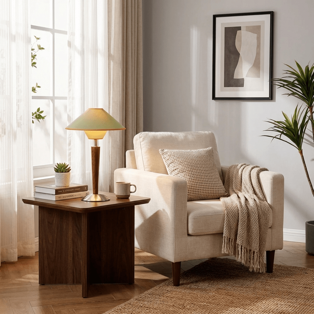 Lámpara de mesa de madera Tolmena en un salón acogedor – imagen 7