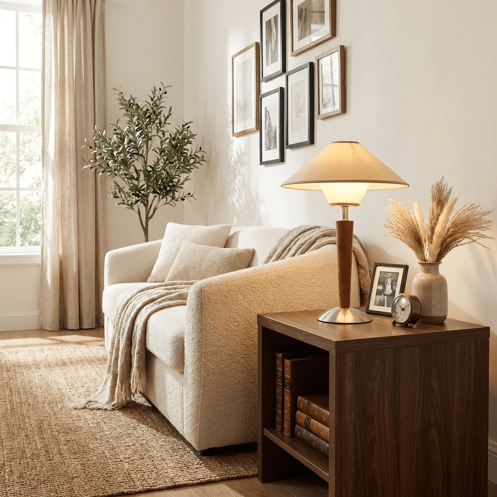 Lámpara de mesa de madera Tolmena en un salón acogedor – imagen 9