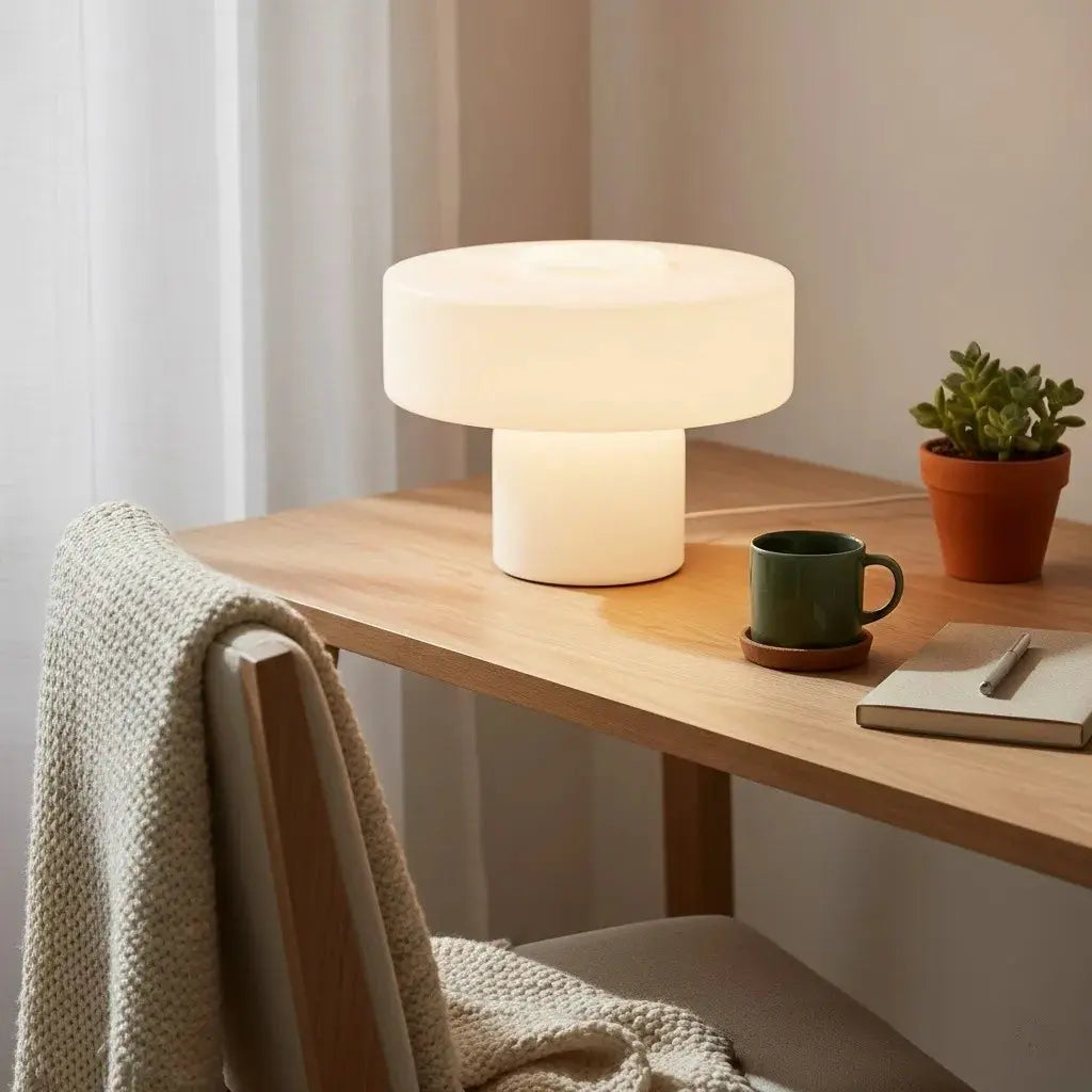 Lámpara de mesa de vidrio retro Tondira – encendida en blanco sobre un escritorio