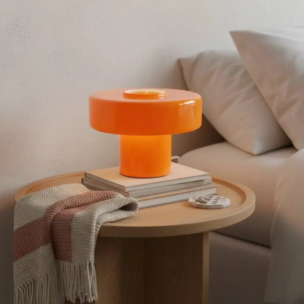 Lámpara de mesa de vidrio retro Tondira sobre un aparador de madera – imagen 4