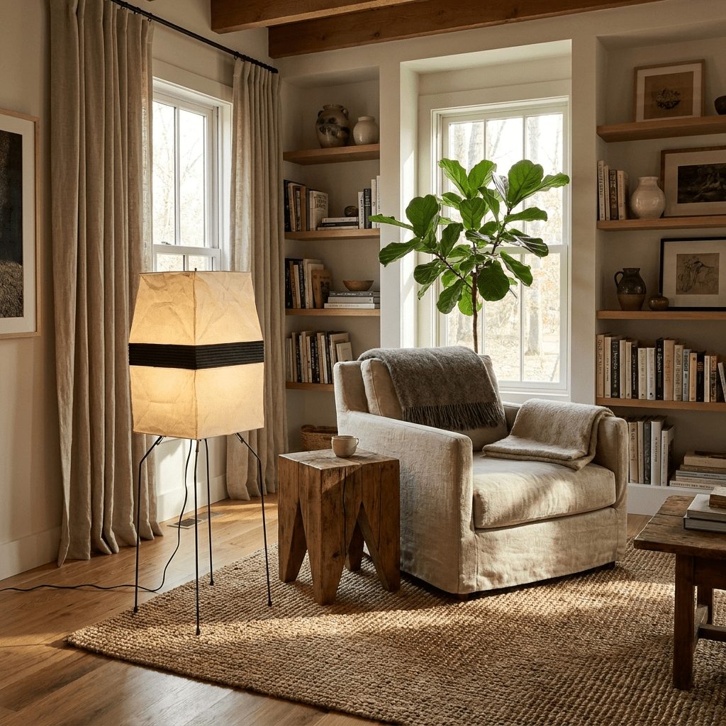 Lámpara de papel Torinda – versión de pie junto a un sillón