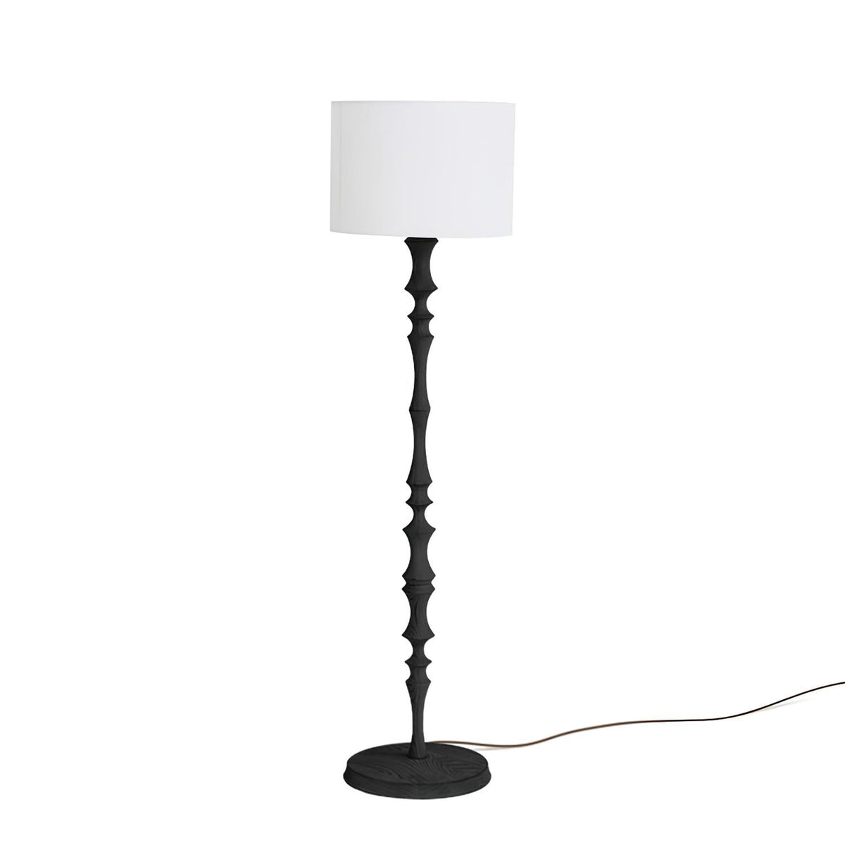 Lámpara de pie de madera torneada Tornelia – en negro con pantalla de lino