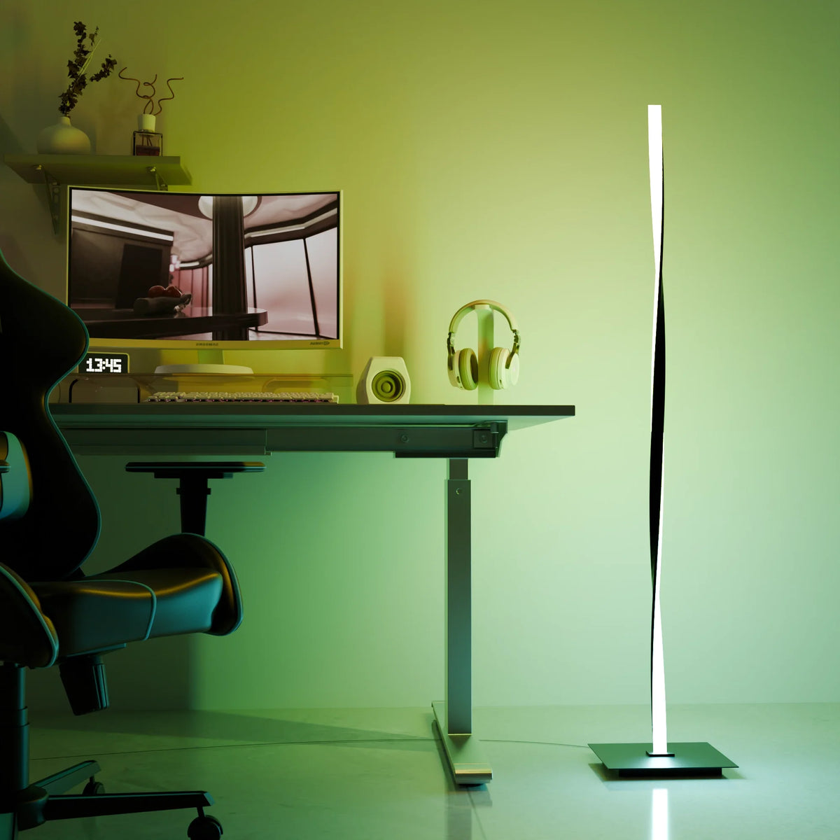 Lámpara de pie LED RGB helicoidal Torsiva en un salón con luz de color – imagen 9