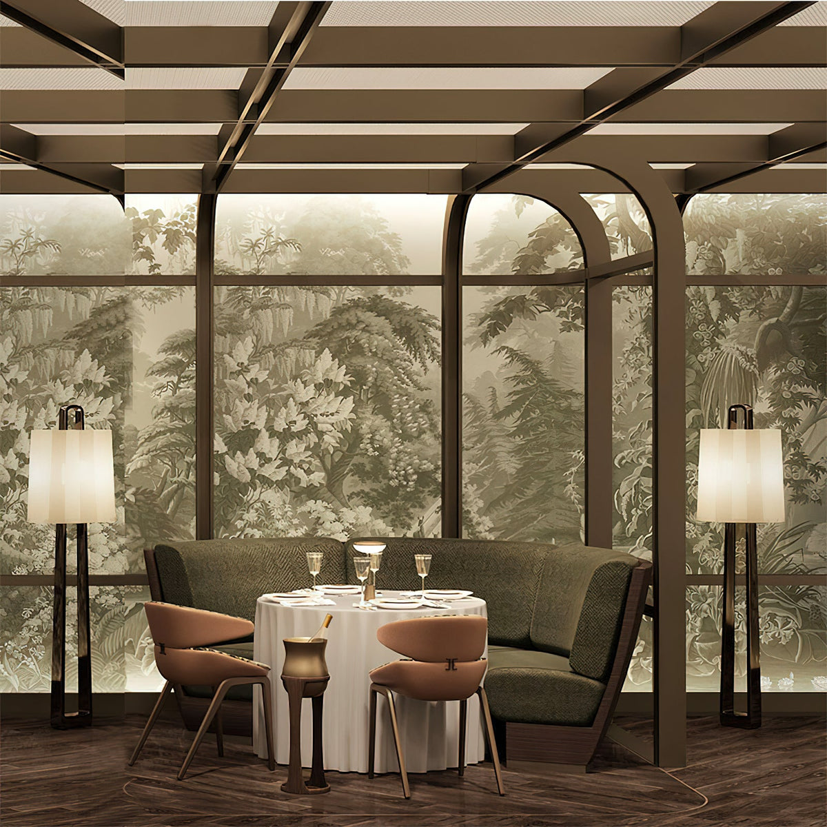 Lámpara de pie de hierro negro Torvana – en un comedor con jardín de invierno