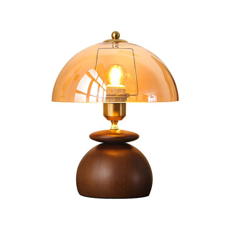 Tostana - Lámpara de Mesita de Madera Redonda con Cúpula de Cristal Ámbar