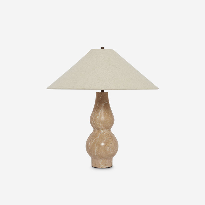 Travia - Lámpara de Mesa de Travertino con Pantalla Cónica de Lino