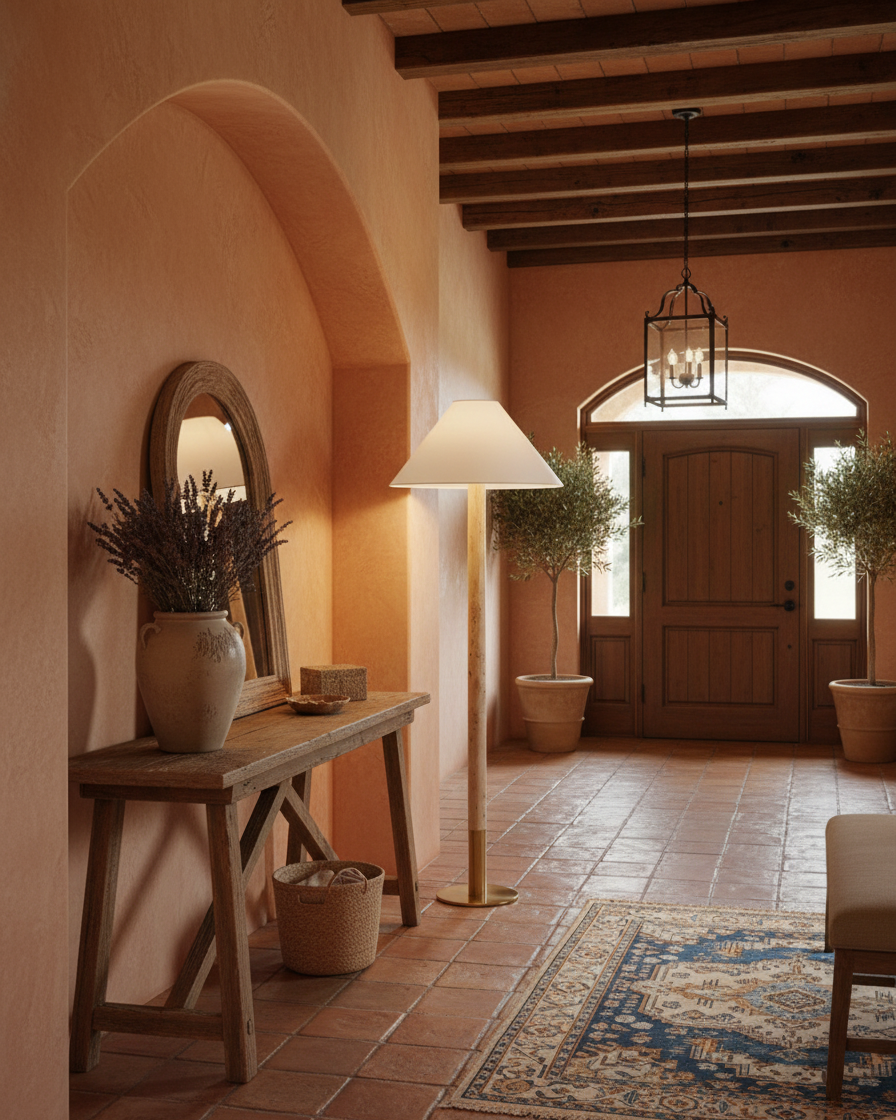 Lámpara de pie de travertino Travilla en un salón de estilo mediterráneo – imagen 6