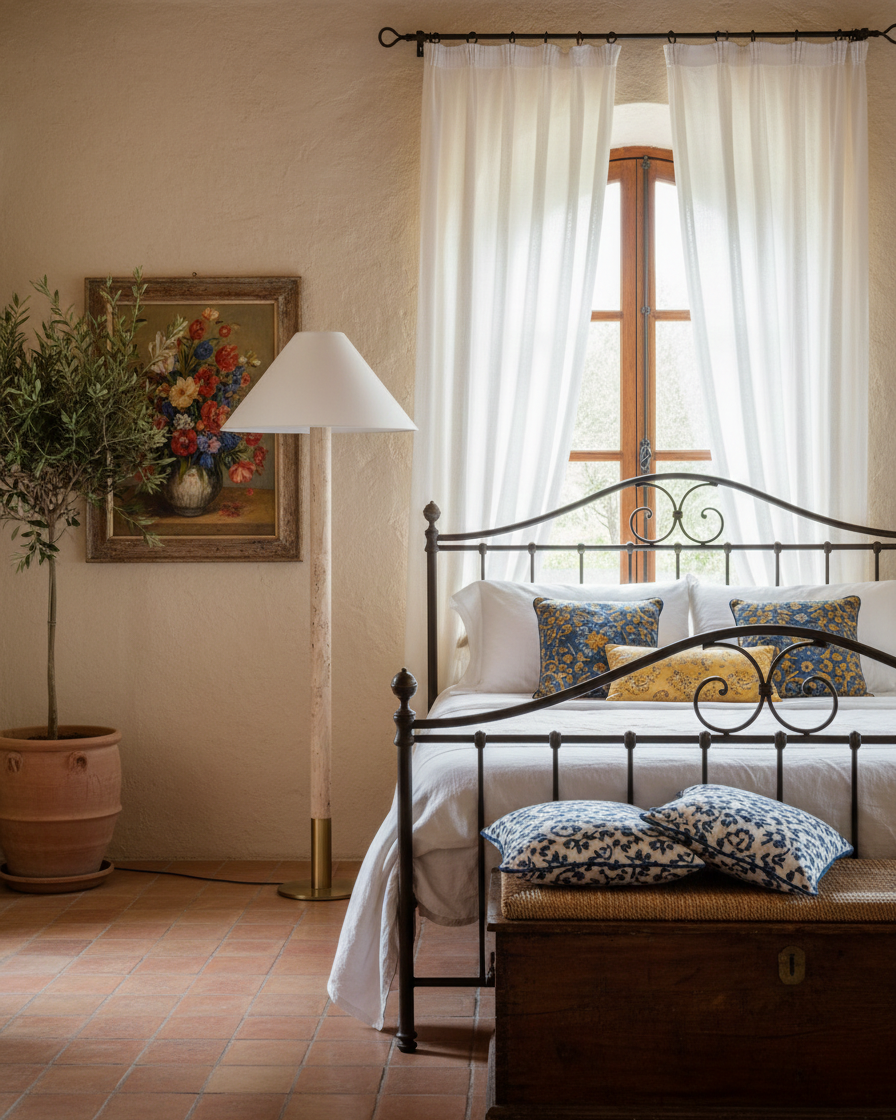 Lámpara de pie de travertino Travilla – en un dormitorio de estilo rústico