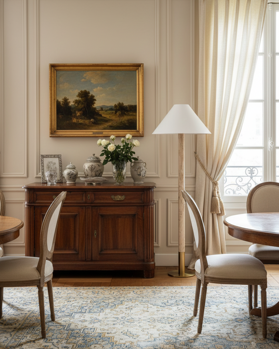 Lámpara de pie de travertino Travilla en un salón de estilo mediterráneo – imagen 9