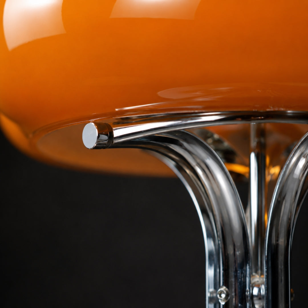 Lámpara de mesa retro de cristal Trevola – detalle del pie cromado de varillas