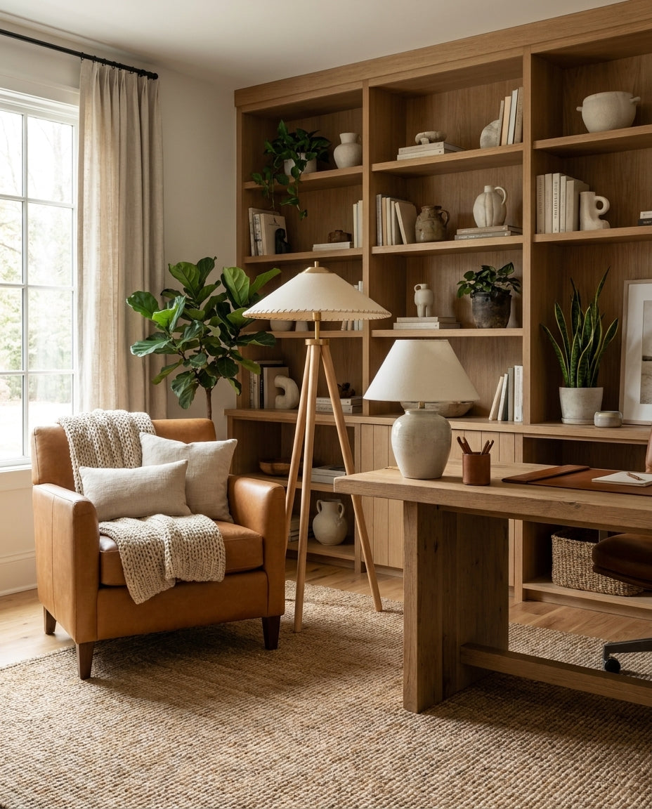 Lámpara de pie trípode de madera Tripela en un salón cálido – imagen 11