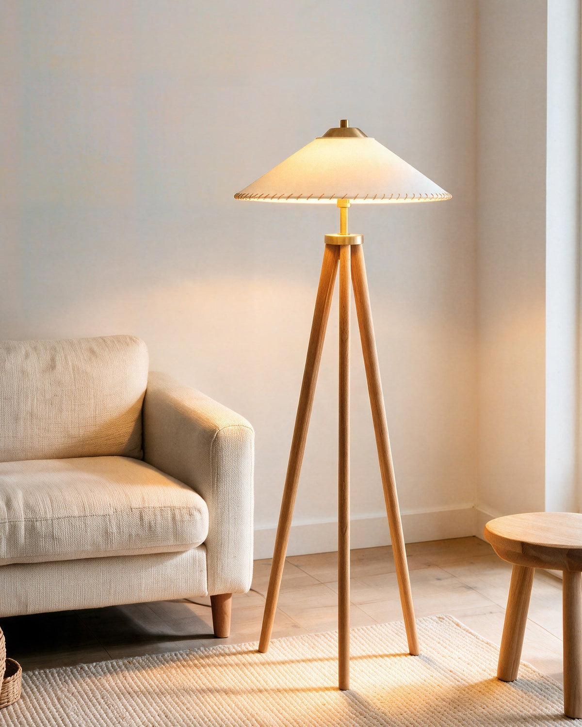 Lámpara de pie trípode de madera Tripela en un salón cálido – imagen 14