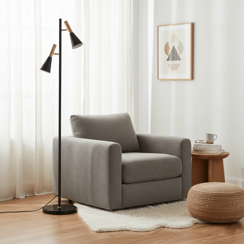 Lámpara de pie de lectura con dos focos Trompina junto a un sillón – imagen 3