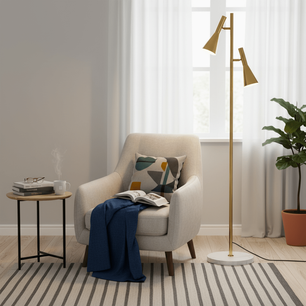 Lámpara de pie de lectura con dos focos Trompina junto a un sillón – imagen 8