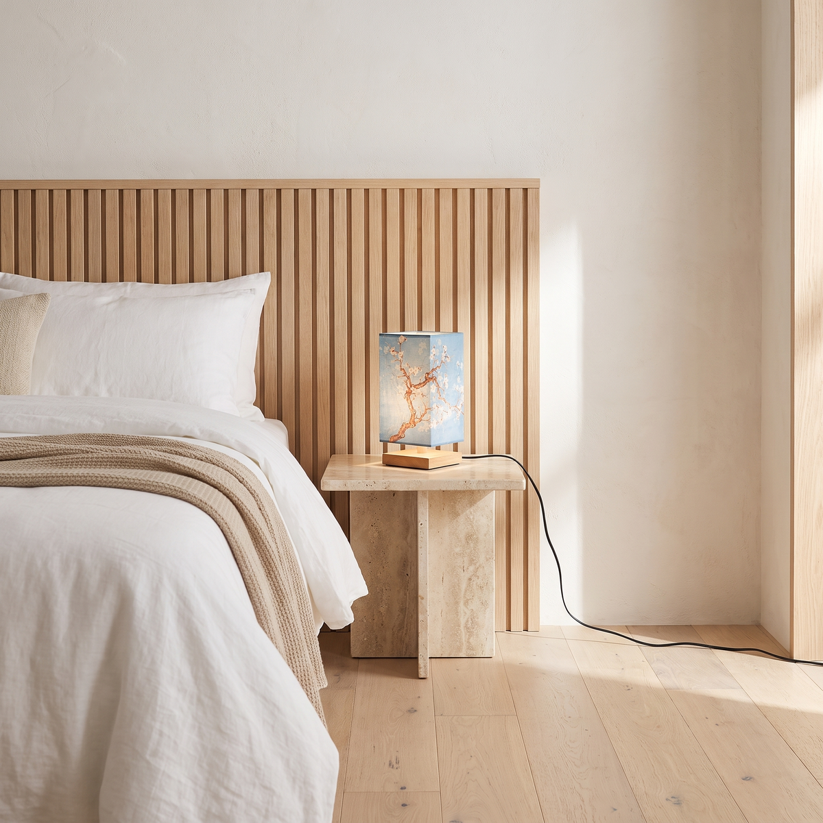 Lámpara de mesa de bambú Sumira – diseño azul en la mesilla del dormitorio