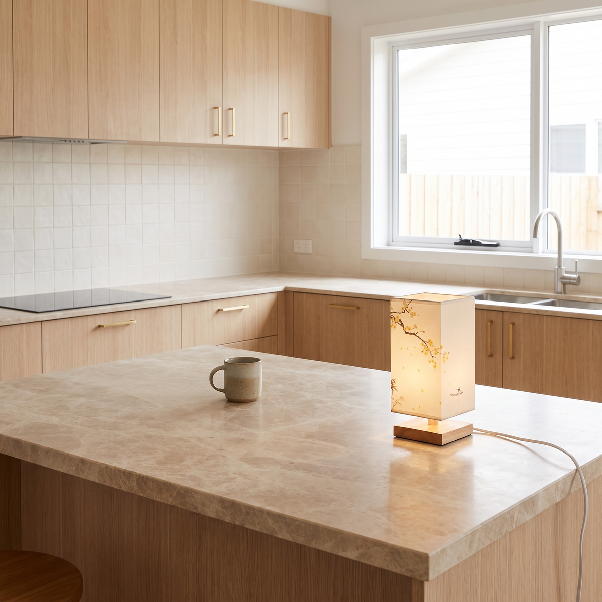 Lámpara de mesa de bambú Sumira – diseño amarillo en la encimera de la cocina