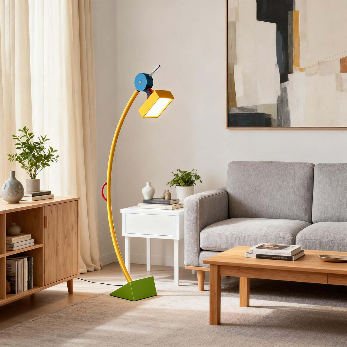 Lámpara de pie de arco Tucana – en un salón con sofá gris